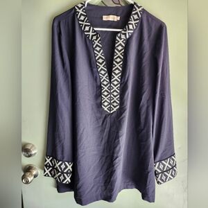 Tory Burch Tunic Top Ariana Embroidered Knit Trim Navy Blue Womens size 16